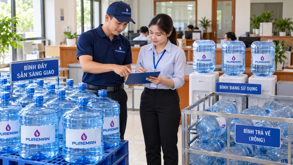 PureMan đối soát bình nước 21L khi giao cho cơ quan địa phương