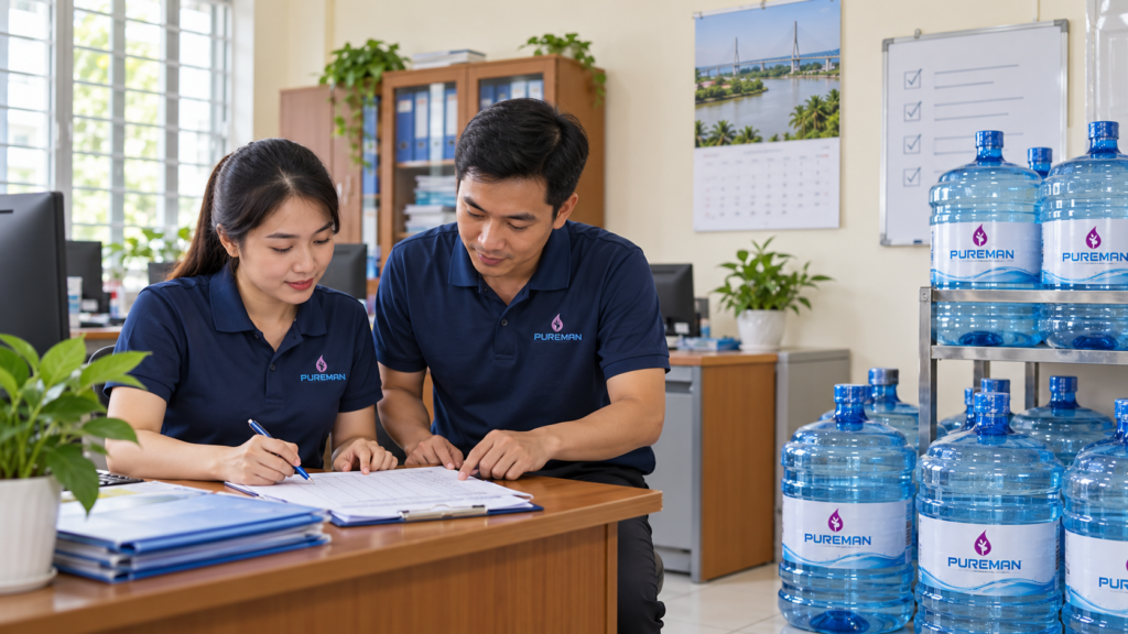 Nhân viên PureMan cùng cơ quan địa phương rà soát nhu cầu nước uống