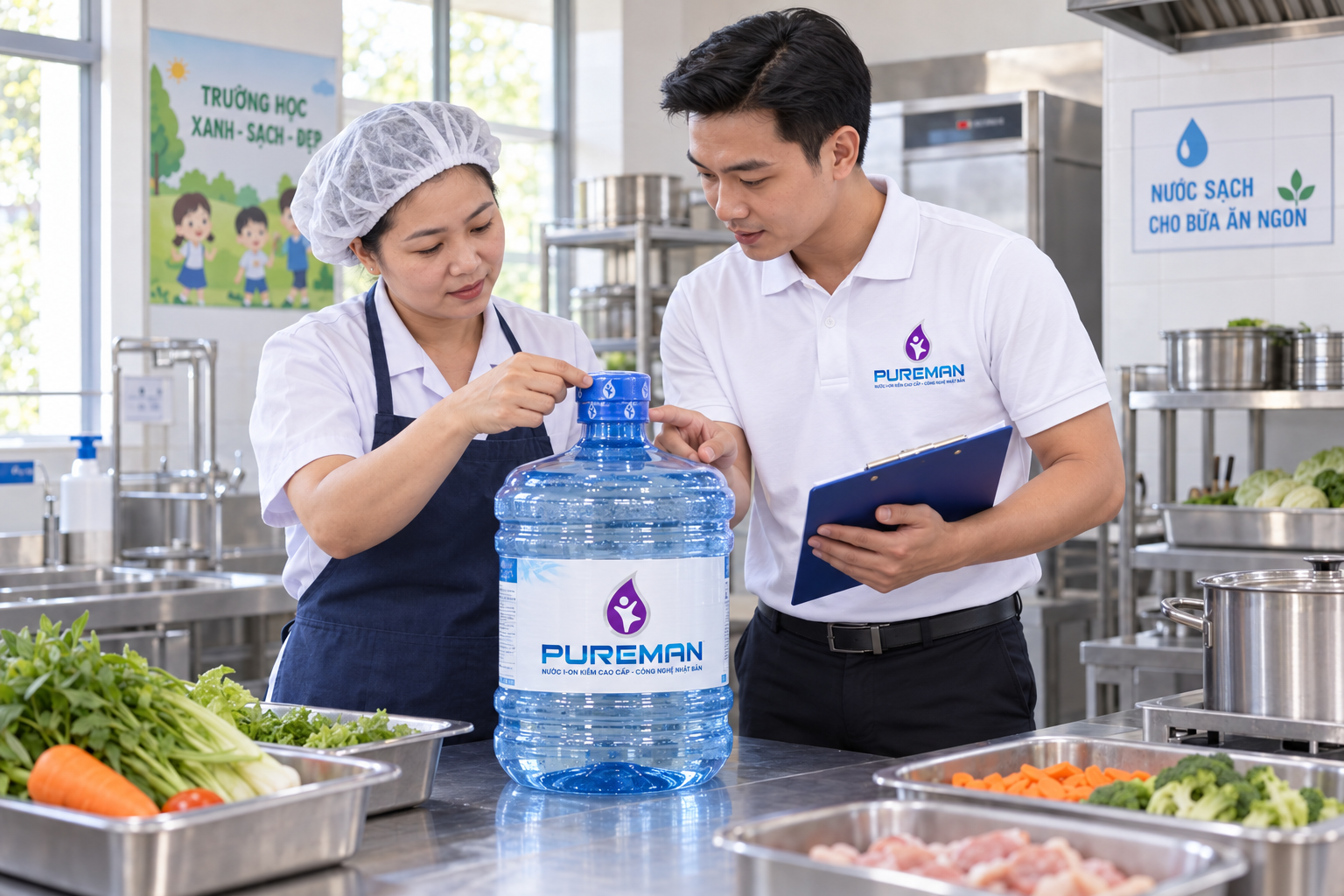Kiểm tra niêm phong bình nước PureMan tại bếp ăn trường học