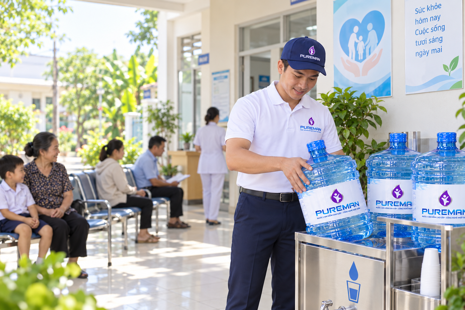 Nhân viên PureMan bố trí nước uống tại cơ sở y tế địa phương