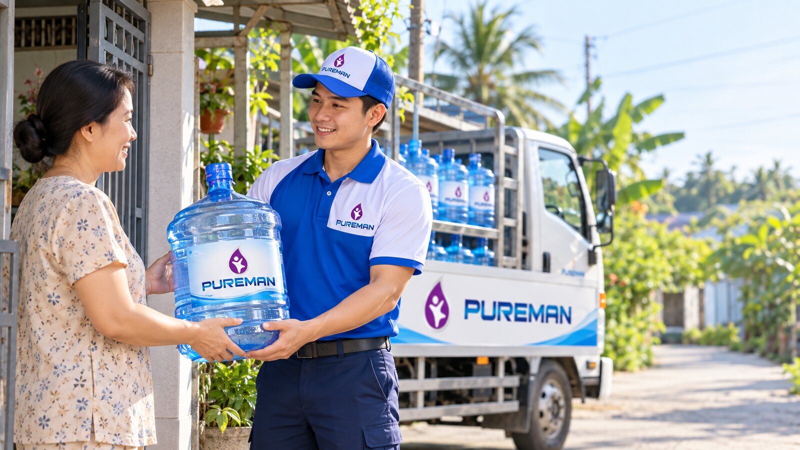 Nhân viên PureMan giao bình nước 21L cho khách hàng địa phương
