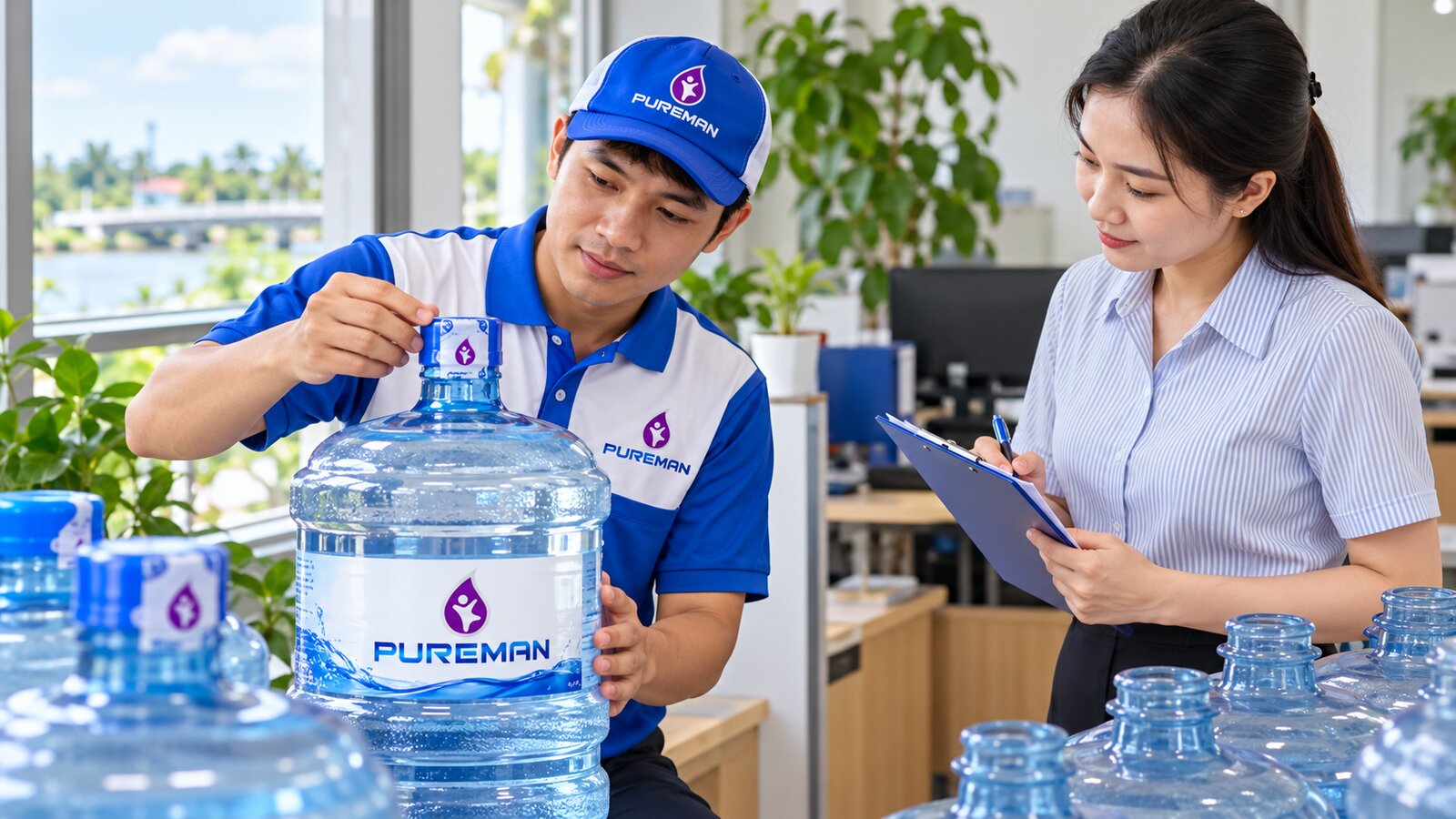PureMan kiểm tra niêm phong và đối soát bình nước khi bàn giao