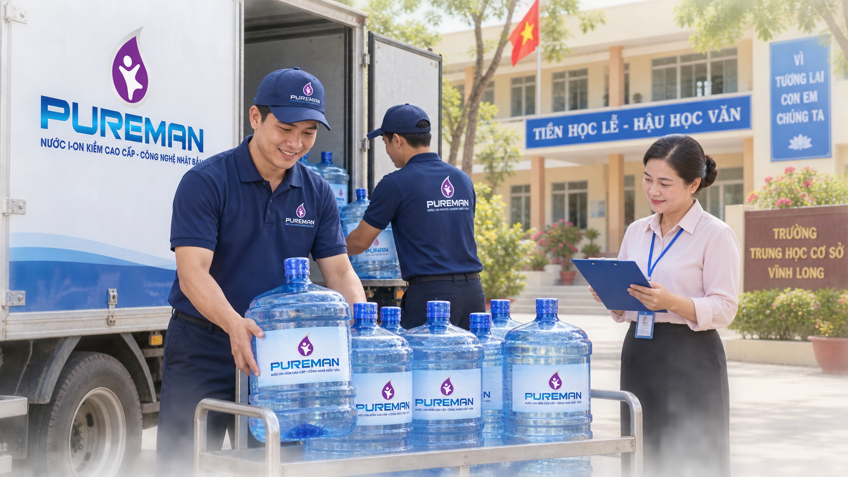 Nhân viên PureMan giao nước đến trường học