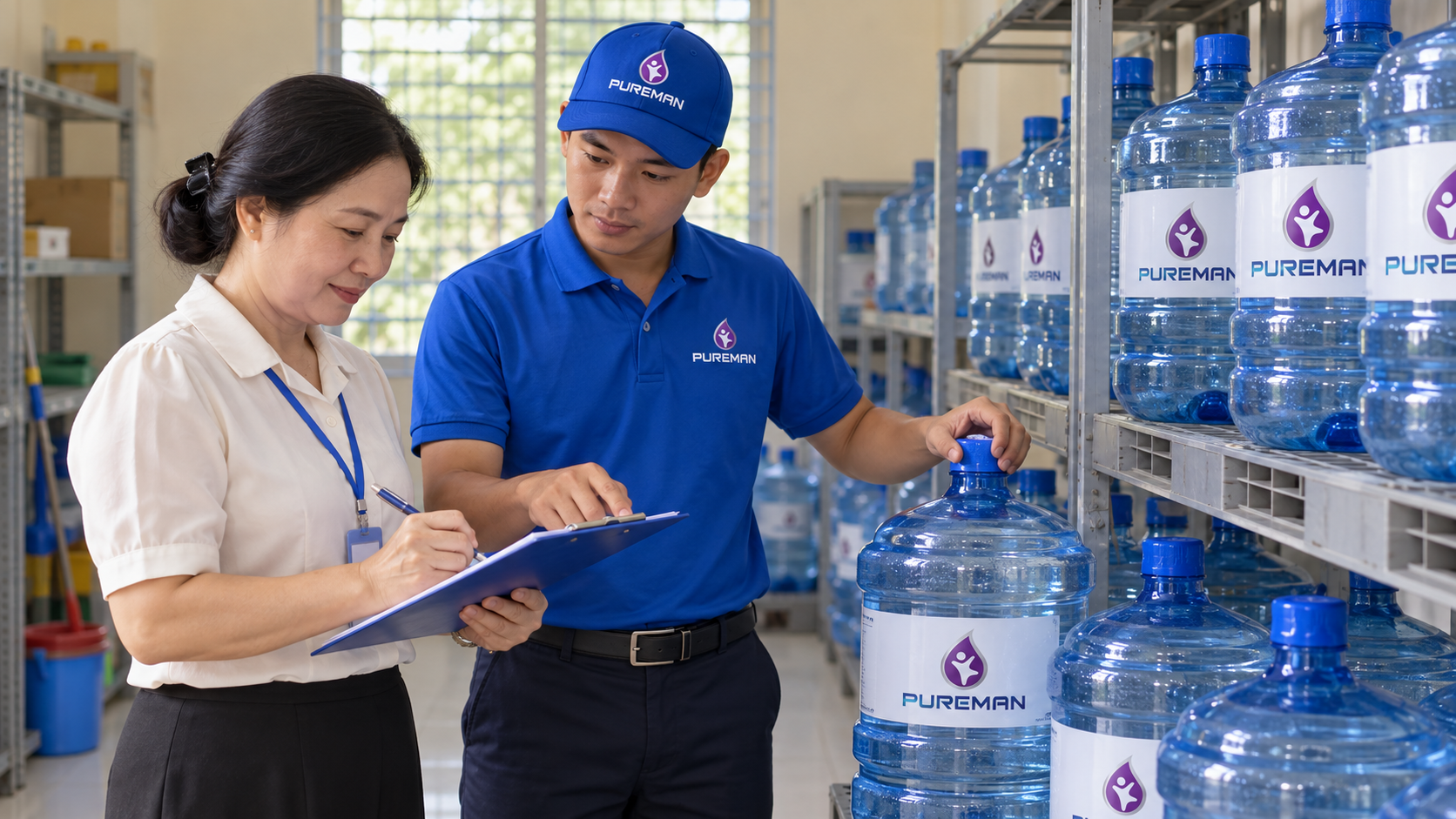 Nhà trường và PureMan kiểm kê bình nước