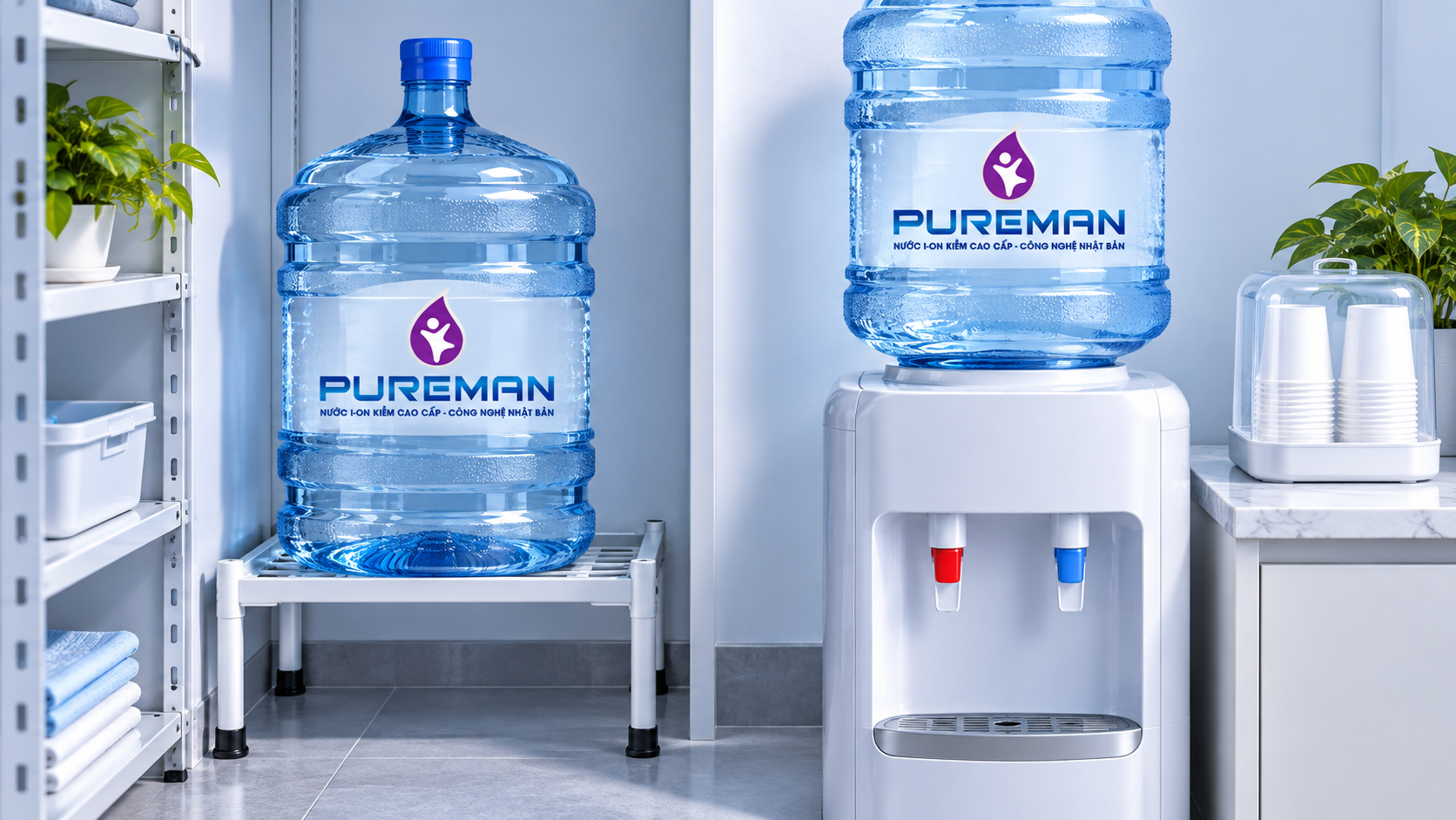 Bình PureMan 21L được đặt đứng trên kệ sạch, khô và tránh ánh nắng