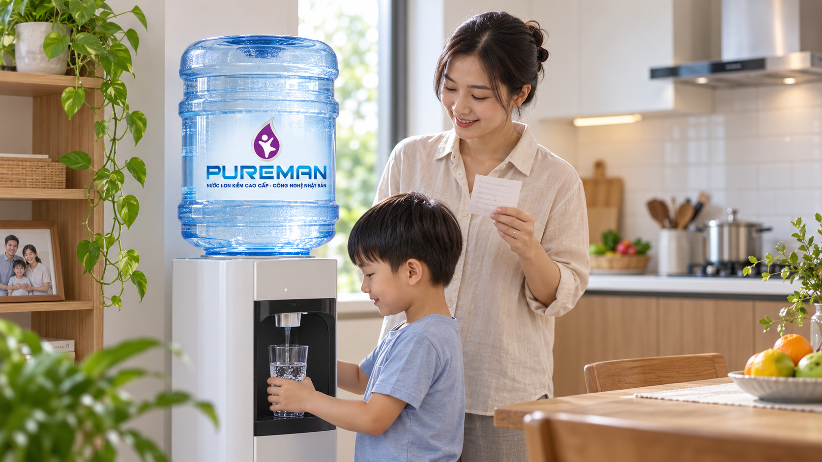 Gia đình sử dụng bình nước PureMan 21L trên máy nước uống sạch sẽ