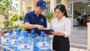 Nhân viên PureMan giao nhận bình nước 21L tại cơ quan địa phương