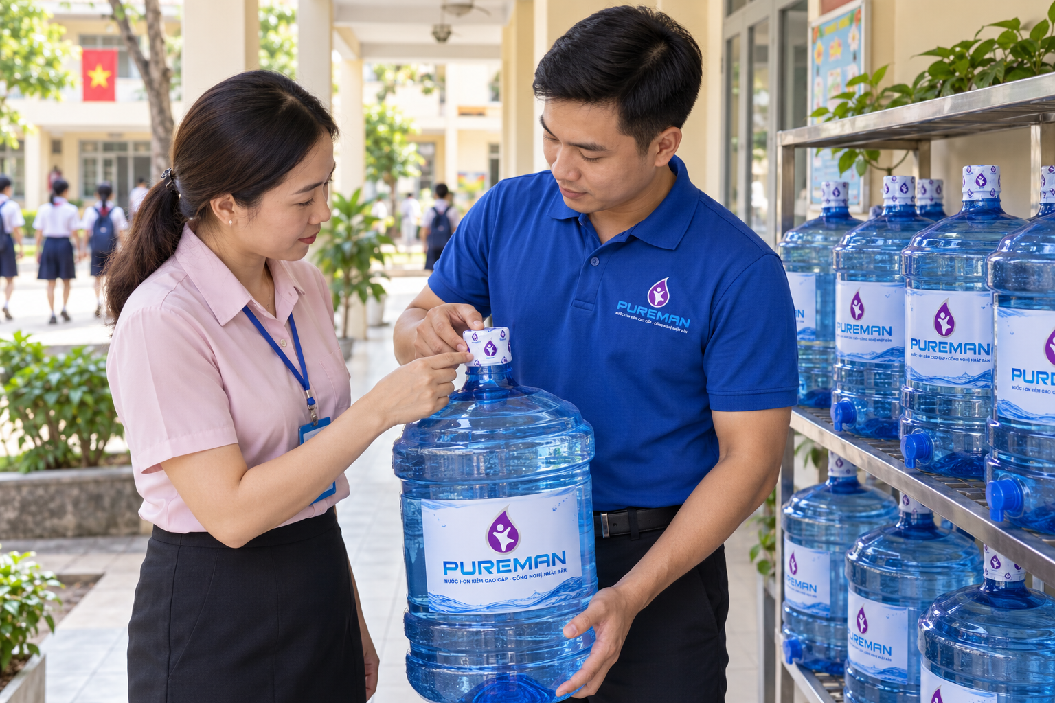 Nhân viên nhà trường và PureMan kiểm tra niêm phong bình nước đầu năm học