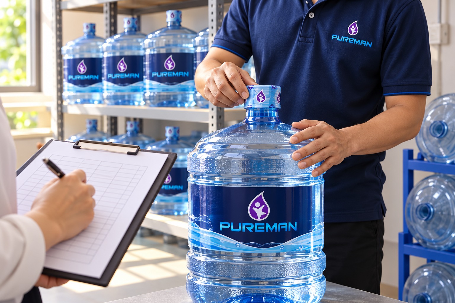 Kiểm tra niêm phong bình nước PureMan và ghi nhận thông tin giao nhận