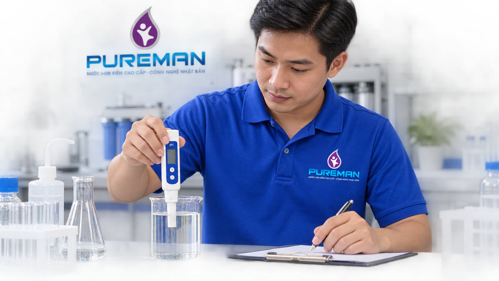 Kỹ thuật viên PureMan kiểm tra pH của mẫu nước và ghi nhận kết quả