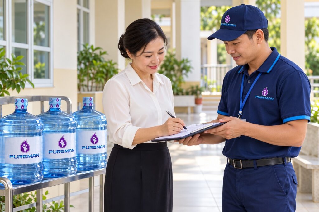 Nhân viên PureMan và người phụ trách nhà trường đối chiếu nhật ký giao nhận nước