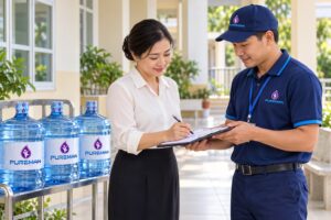 Nhân viên PureMan và người phụ trách nhà trường đối chiếu nhật ký giao nhận nước