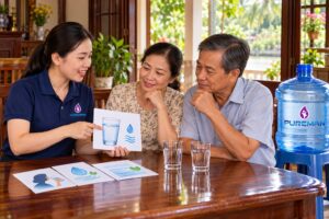 Gia đình tìm hiểu thông tin nước uống cùng nhân viên PureMan