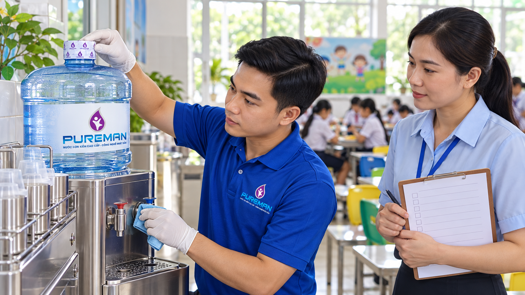 Nhân viên PureMan vệ sinh điểm lấy nước tại trường học