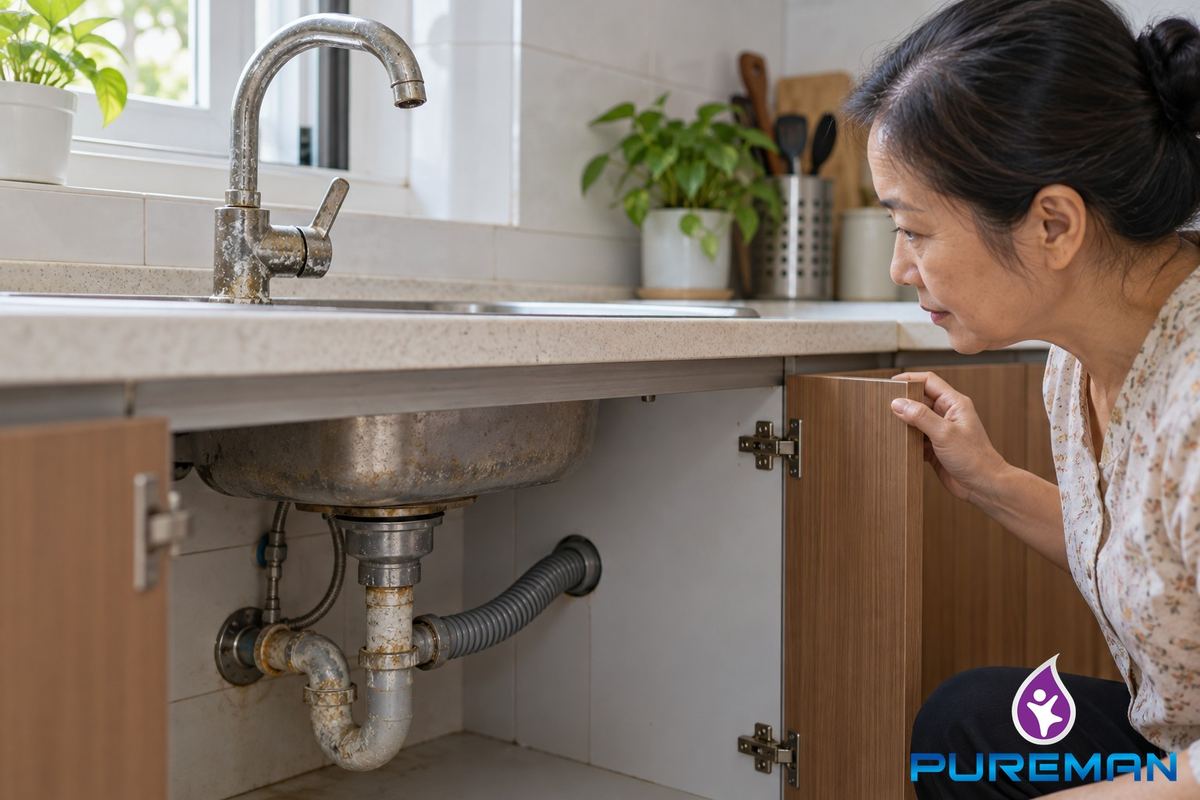 Người kiểm tra đường ống và vòi dưới bồn rửa trong gia đình