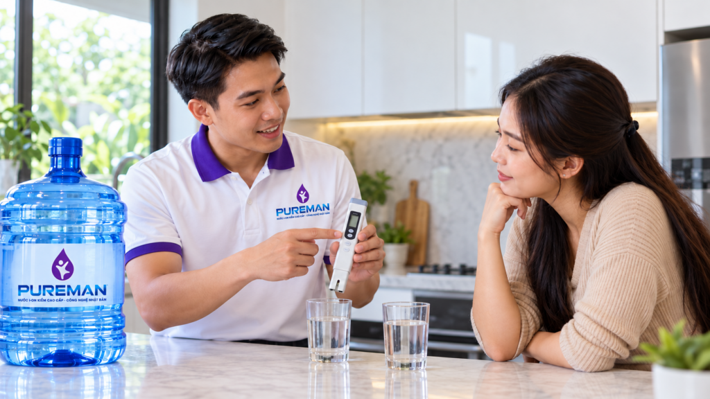 Nhân viên PureMan hướng dẫn gia đình kiểm tra nước bằng bút TDS