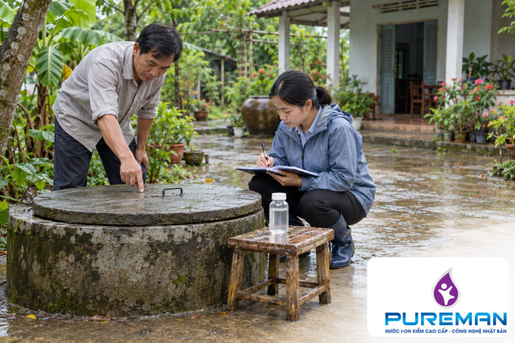 Hộ gia đình kiểm tra nắp và thành giếng đào sau mưa lớn; minh họa có logo PureMan.