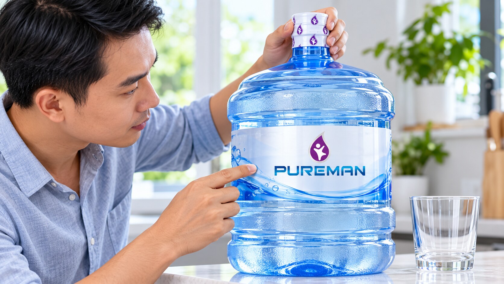 Người dùng kiểm tra nhãn và niêm phong trên bình nước PureMan trước khi sử dụng.