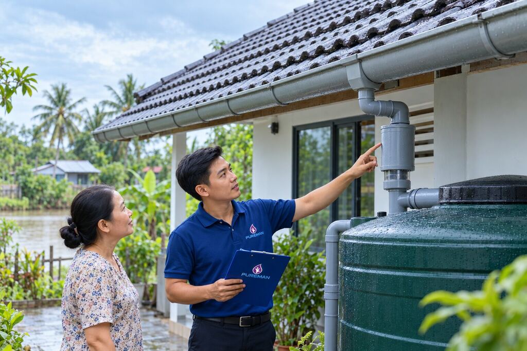 Nhân viên PureMan kiểm tra mái, máng xối và bồn hứng nước mưa