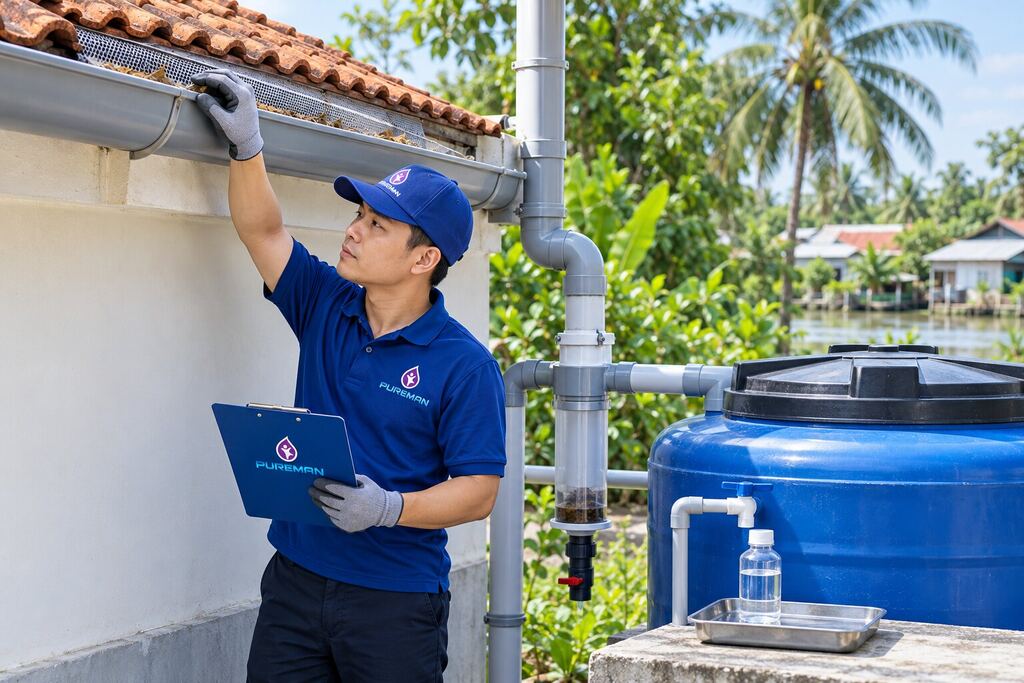Nhân viên PureMan kiểm tra bồn chứa và vị trí lấy mẫu nước mưa