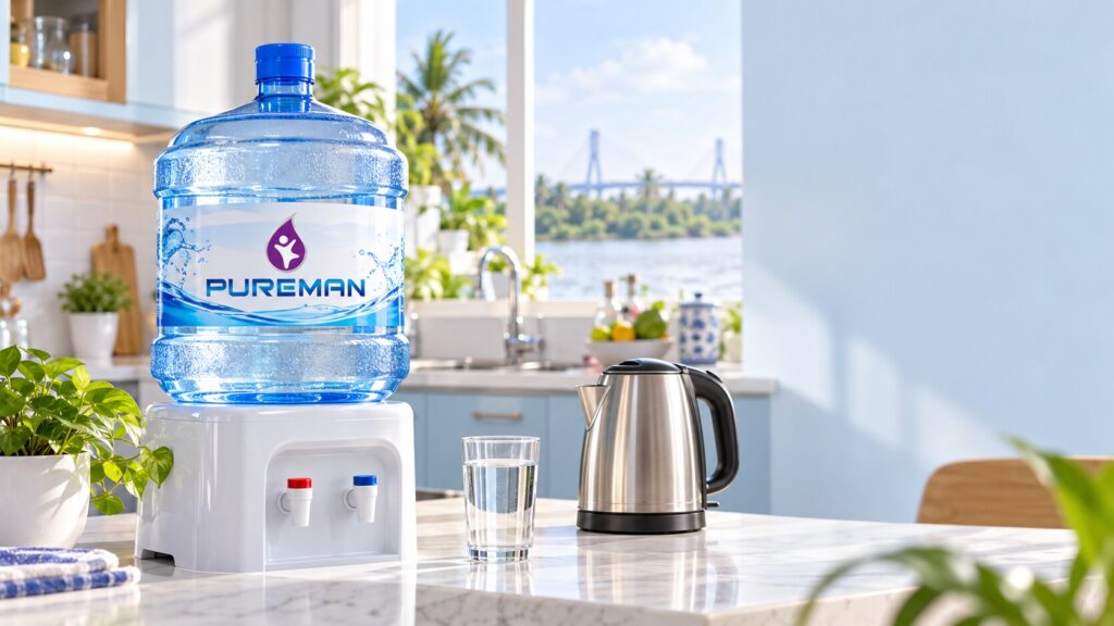 Bình nước PureMan trong gian bếp gia đình, đặt cạnh ly nước và ấm đun nước.