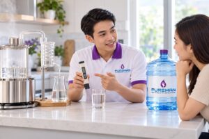 Nhân viên PureMan giải thích bút đo TDS và quy trình chưng cất nước