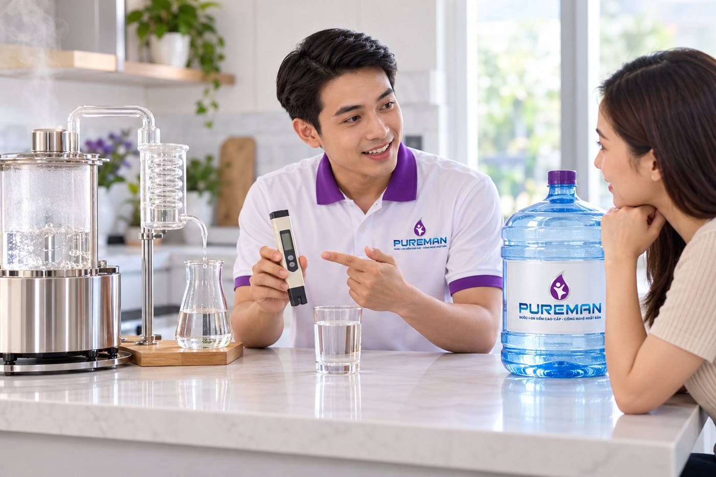 Nhân viên PureMan giải thích bút đo TDS và quy trình chưng cất nước
